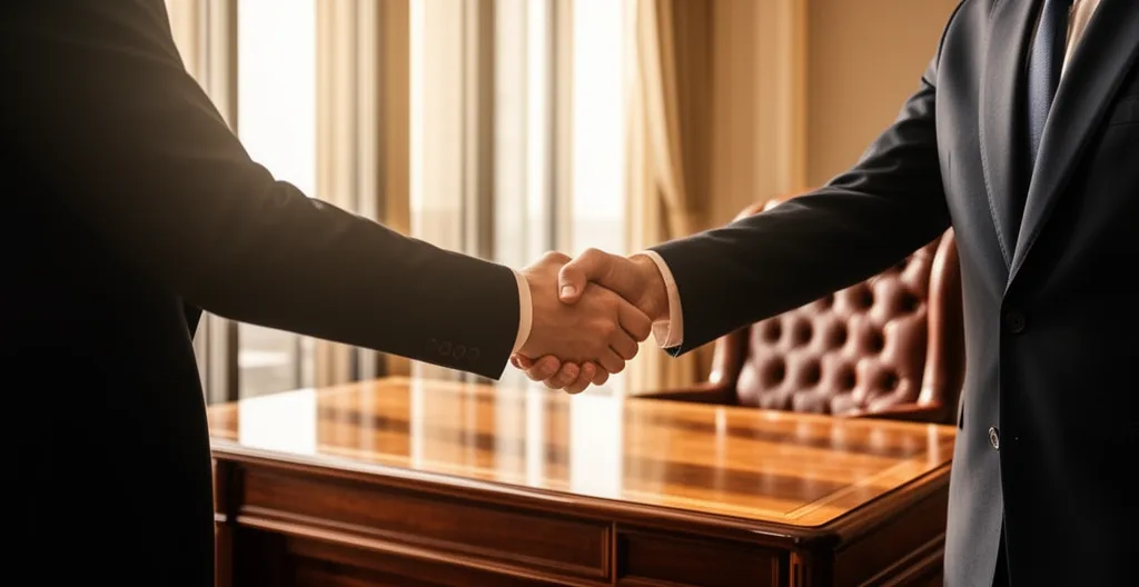 Notaire et particulier échangeant une poignée de main dans un cabinet