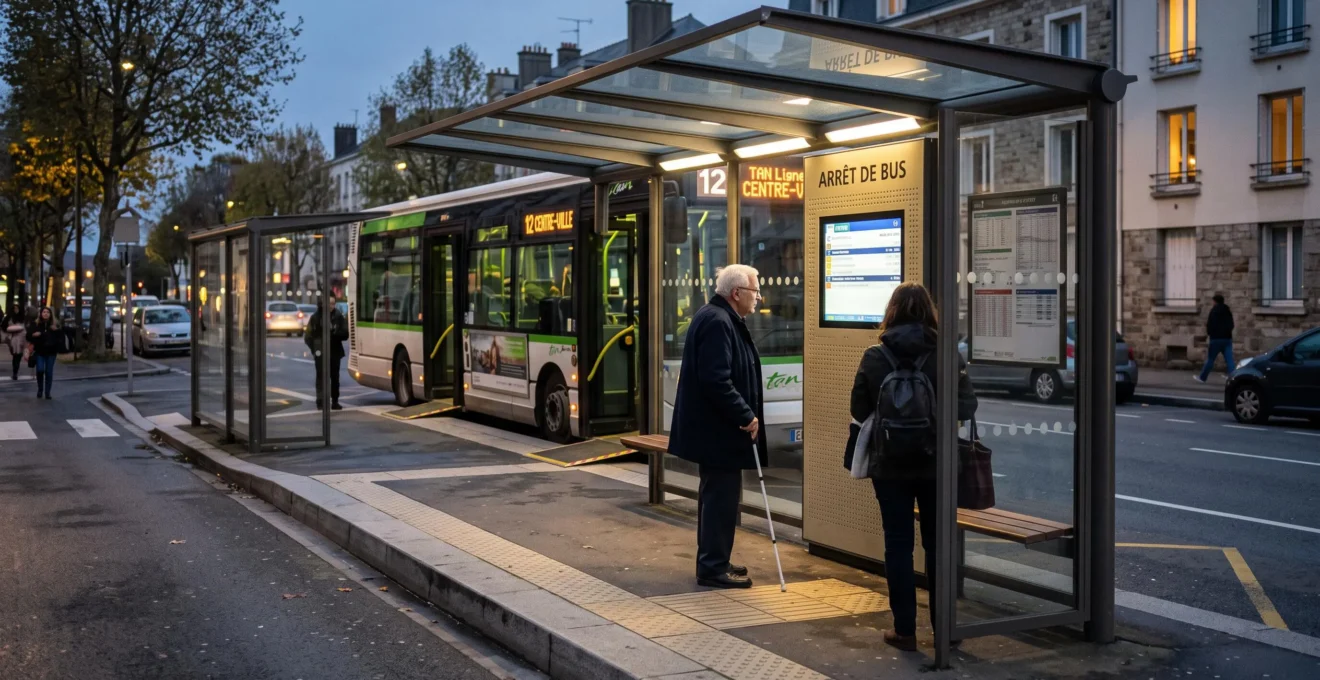 Un abri de bus accessible en bois et acier avec écran d'information générique et bande podotactile, des voyageurs attendant l'arrivée d'un bus à plancher bas sur une plateforme surélevée.
