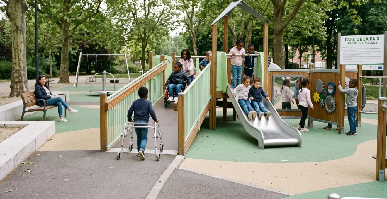 Des enfants jouent sur une aire de jeux inclusive avec rampe d'accès et structure en bois et acier, dans un parc urbain français, sous le regard d'un parent assis sur un banc.