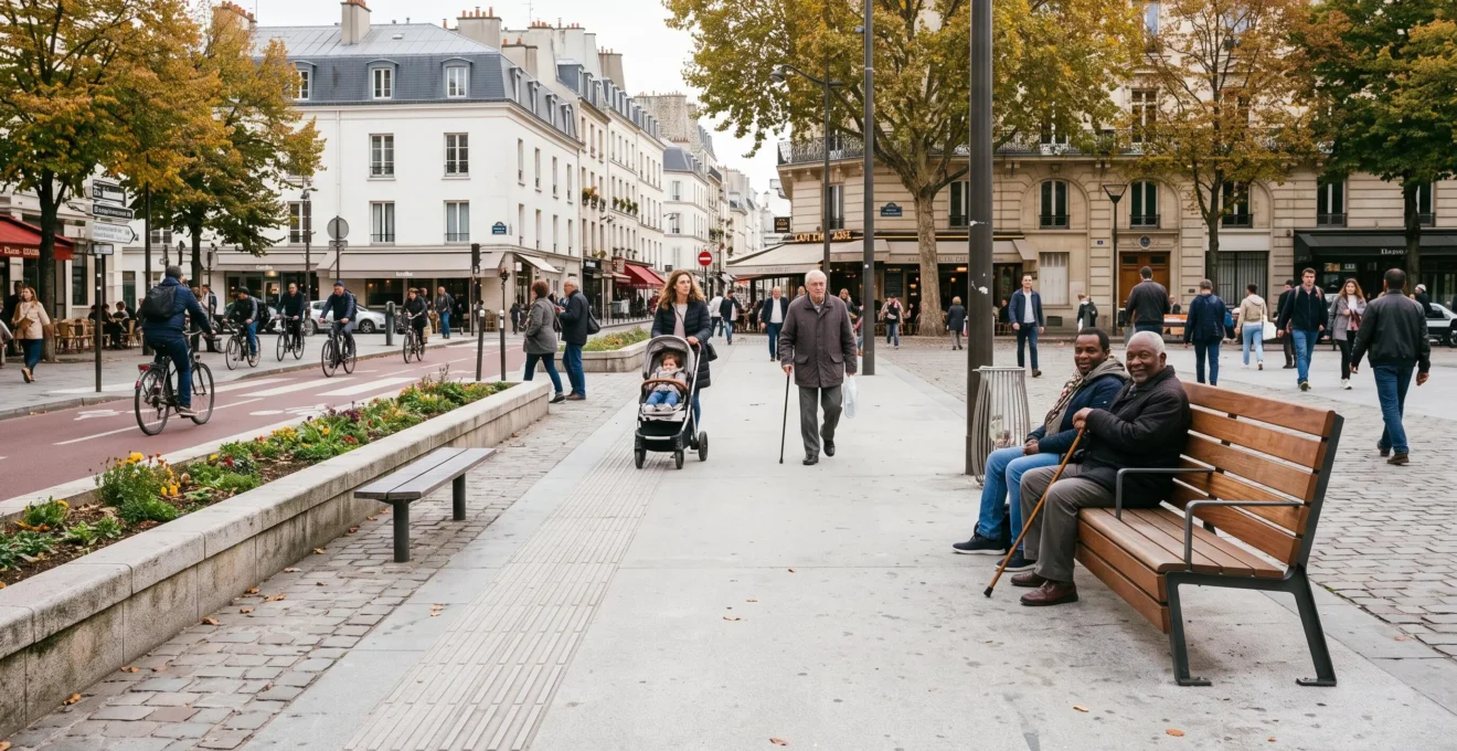 Une place publique française avec un banc accessible en bois et acier au premier plan et un aménagement ancien moins adapté en arrière-plan, des piétons divers circulant sur un cheminement dégagé.
