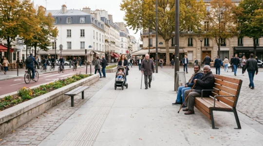 Une place publique française avec un banc accessible en bois et acier au premier plan et un aménagement ancien moins adapté en arrière-plan, des piétons divers circulant sur un cheminement dégagé.